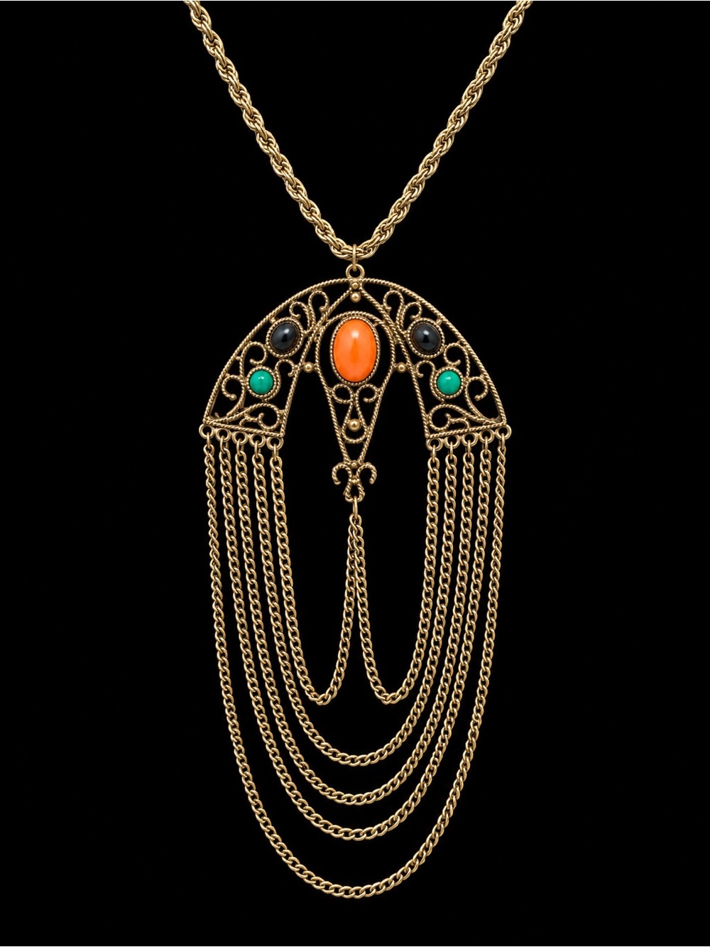 Gold-tone Filigree Pendant Necklace with Orange and Turquoise Stones